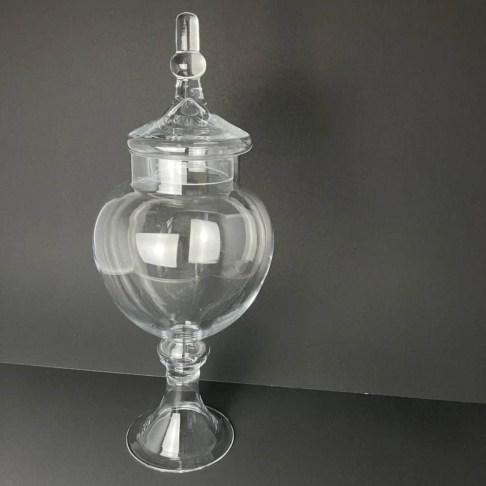 VTG Clear Glass Apothecary Jar Covered Compote Pedestal Candy Dish Finial Footed